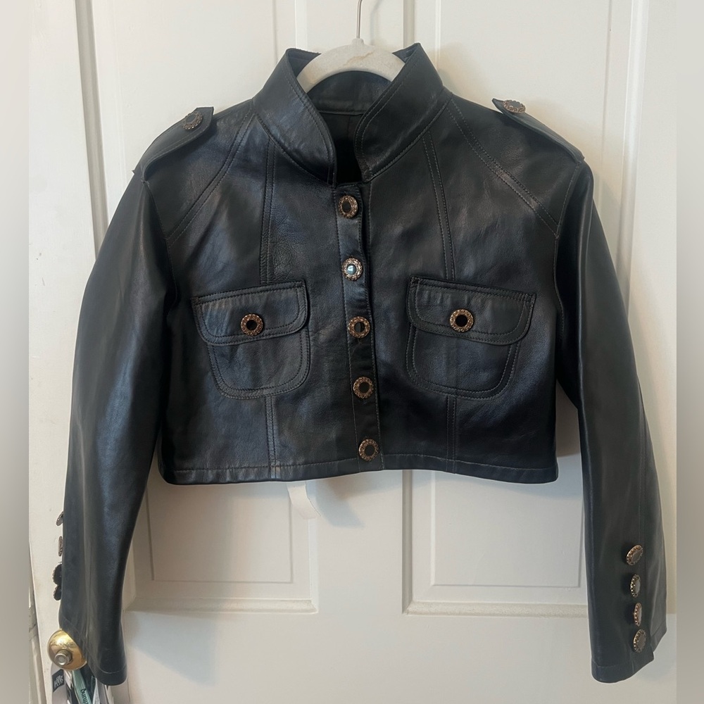 Black Leather Military Style Jacket with Stand-Up Collar
